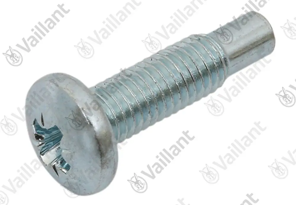 Vaillant Schraube mit rundem Kopf und Gewinde, hergestellt aus Metall. Das Bild zeigt die Schraube in einer seitlichen Ansicht.